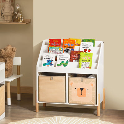 SoBuy KMB115-W Bibliotecă pentru copii cu 4 rafturi și 2 cutii de depozitare