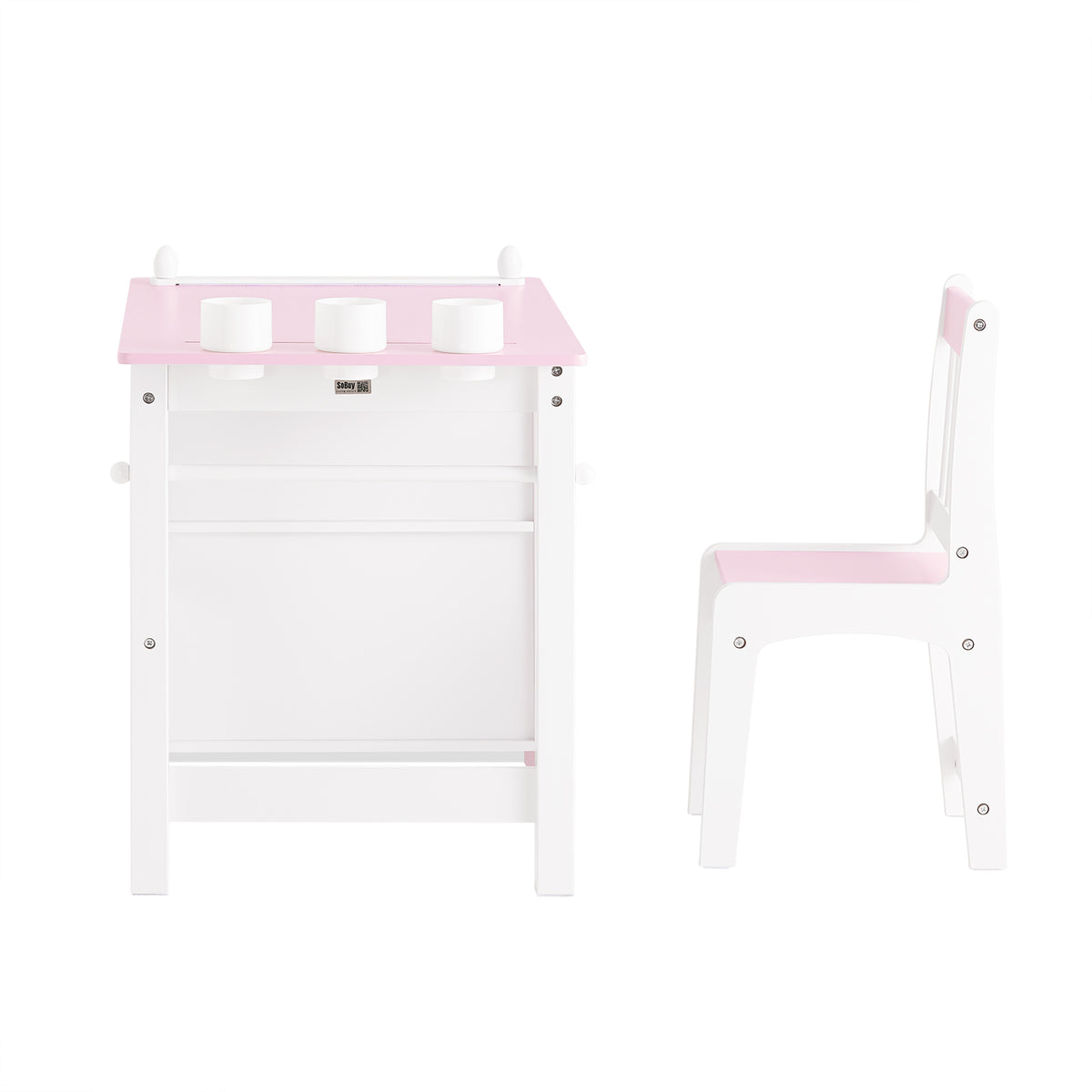 SoBuy KMB116-P Set de Masă și Scaun pentru Copii, Set din 2 Piese cu Autocolante DIY, Birou pentru Copii cu 3 Suporturi pentru Creioane, Roz și Alb