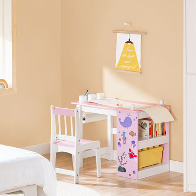 SoBuy KMB116-P Set de Masă și Scaun pentru Copii, Set din 2 Piese cu Autocolante DIY, Birou pentru Copii cu 3 Suporturi pentru Creioane, Roz și Alb