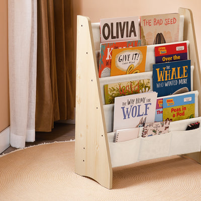 SoBuy KMB50-N Bibliothèque Enfant Meuble Rangement Jouet et Livres pour Chambre Enfant Étagère à Livre avec 4 Compartiments et 3 Poches Tissu Naturel 63x28x76cm