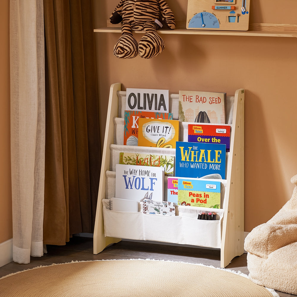 SoBuy KMB50-N Bibliothèque Enfant Meuble Rangement Jouet et Livres pour Chambre Enfant Étagère à Livre avec 4 Compartiments et 3 Poches Tissu Naturel 63x28x76cm