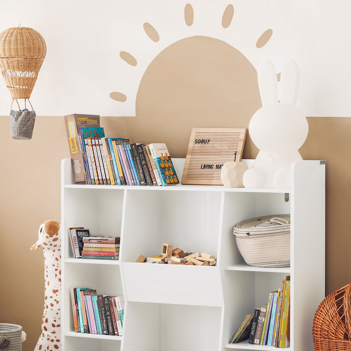 SoBuy KMB55-W Bibliotecă Montessori pentru copii – Mobilier pentru depozitarea jucăriilor și cărților cu 8 compartimente, Sigură, Alb, 106×30×104 cm