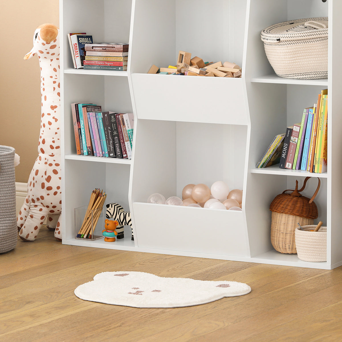 SoBuy KMB55-W Bibliotecă Montessori pentru copii – Mobilier pentru depozitarea jucăriilor și cărților cu 8 compartimente, Sigură, Alb, 106×30×104 cm