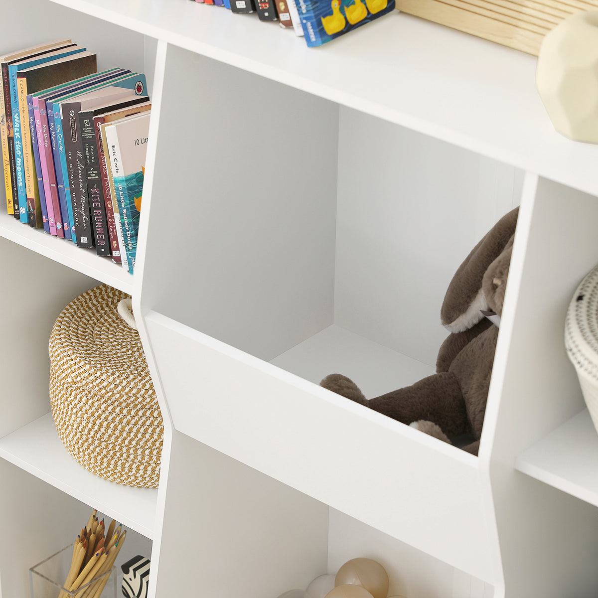 SoBuy KMB55-W Bibliotecă Montessori pentru copii – Mobilier pentru depozitarea jucăriilor și cărților cu 8 compartimente, Sigură, Alb, 106×30×104 cm