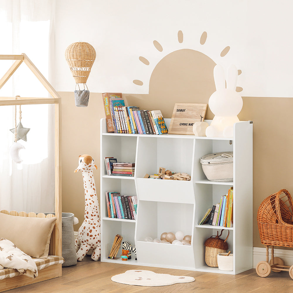 SoBuy KMB55-W Bibliotecă Montessori pentru copii – Mobilier pentru depozitarea jucăriilor și cărților cu 8 compartimente, Sigură, Alb, 106×30×104 cm