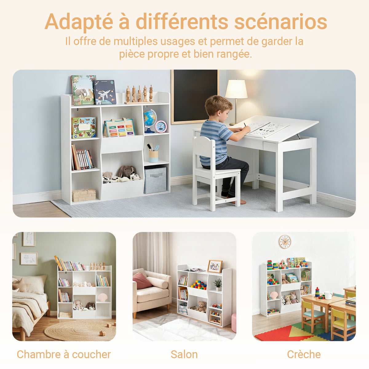 SoBuy KMB55-W Bibliotecă Montessori pentru copii – Mobilier pentru depozitarea jucăriilor și cărților cu 8 compartimente, Sigură, Alb, 106×30×104 cm