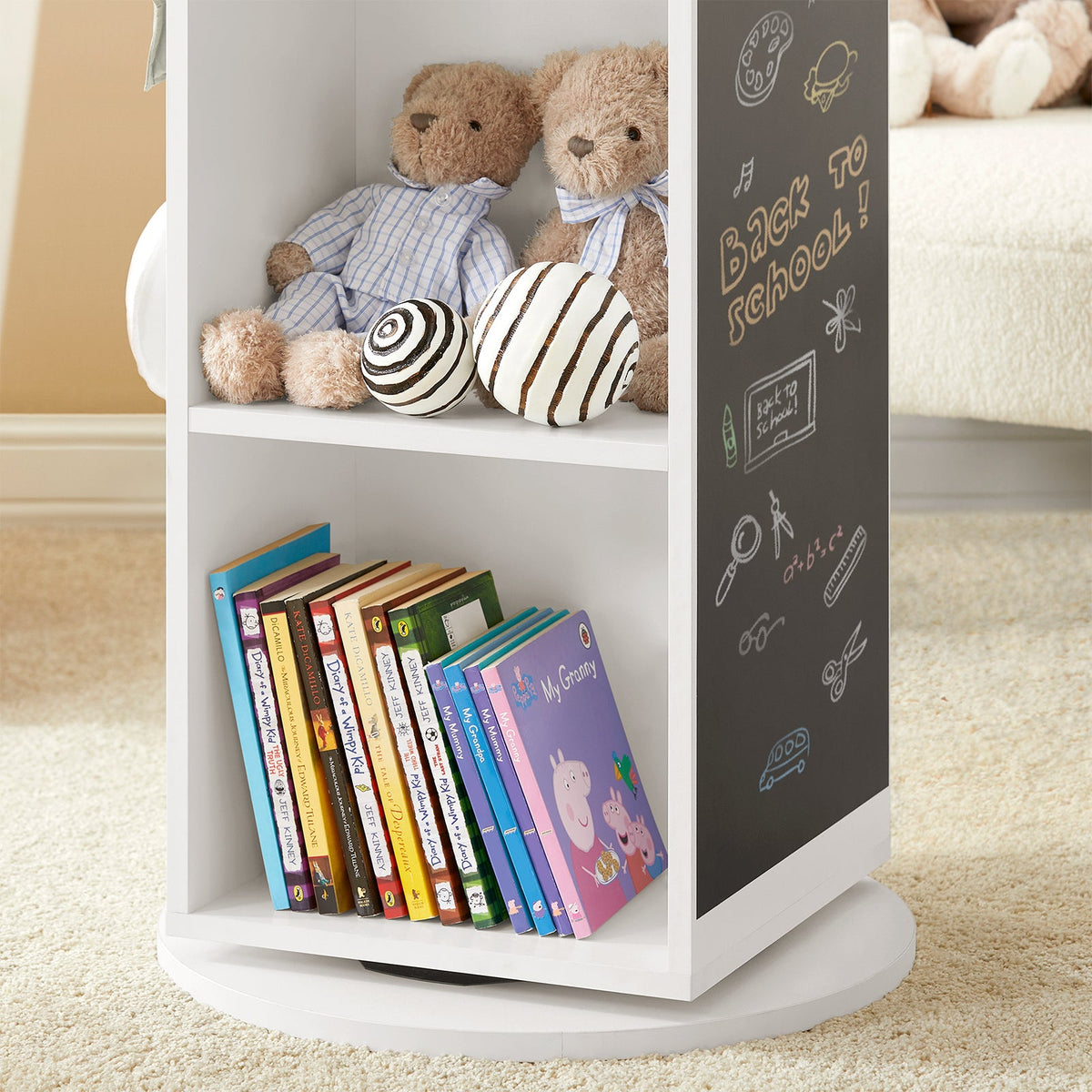 SoBuy KMB64-W Étagère Enfant, Étagère à Livres, Bibliothèque Rotative à 360, Étagère de Rangement avec Tableau Noir