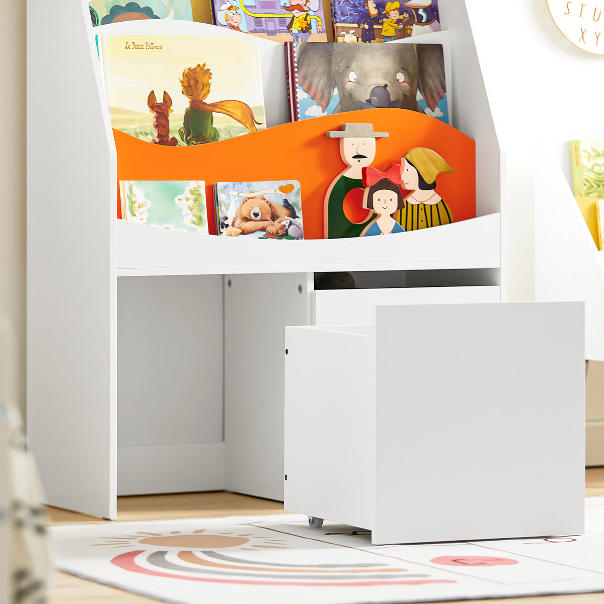 SoBuy KMB65-W Bibliothèque Enfant Étagère à Livres Étagère à Jouets Porte-revues à 4 Niveaux avec 2 Boîtes de Rangement