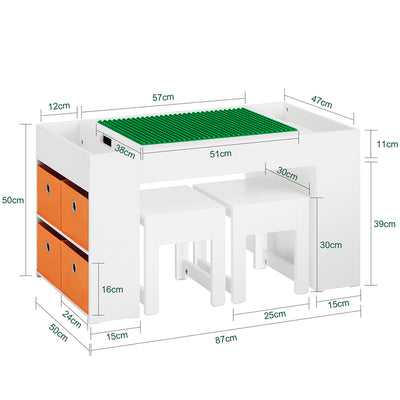 SoBuy KMB75-W Masă pentru Copii cu 2 Scaune, Set Masă și Scaune pentru Copii cu Coșuri de Depozitare, Scaun de Birou pentru Cameră, Masă cu Blocuri de Construcție Dublă Față, Alb 87x50x50 cm