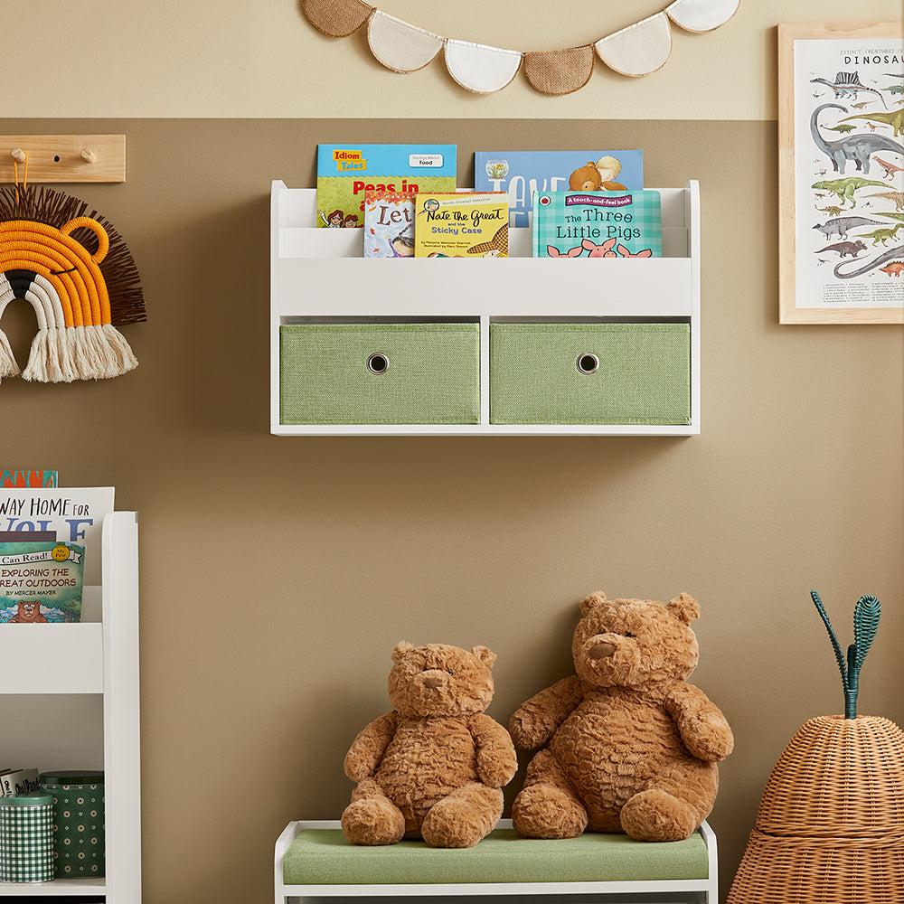 SoBuy KMB81-W Étagères Suspendue, Bibliothèque Murale pour Enfant, Étagère Murale pour Jouets et Livres à 2 Niveaux avec 2 Boîtes