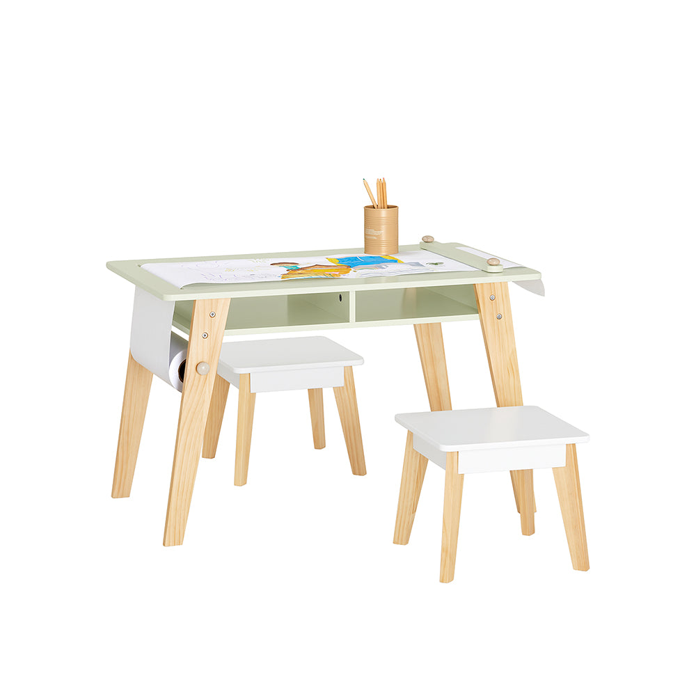 SoBuy KMB92-GR Ensemble Table d’Enfant + 2 Tabourets, Set de 3 Pièces Table à Dessin avec 1 Porte-Rouleau de Papier et 2 Comp