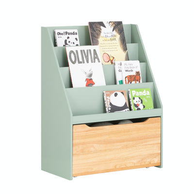 Bibliothèque pour enfants, verte et écologique, avec 4 étagères pour un grand espace de rangement.