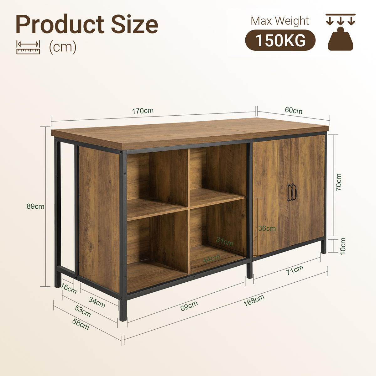 SoBuy KNL01-F Insulă Centrală de Bucătărie Industrială 170 cm – Blat XXL, Bufet Bar Vintage