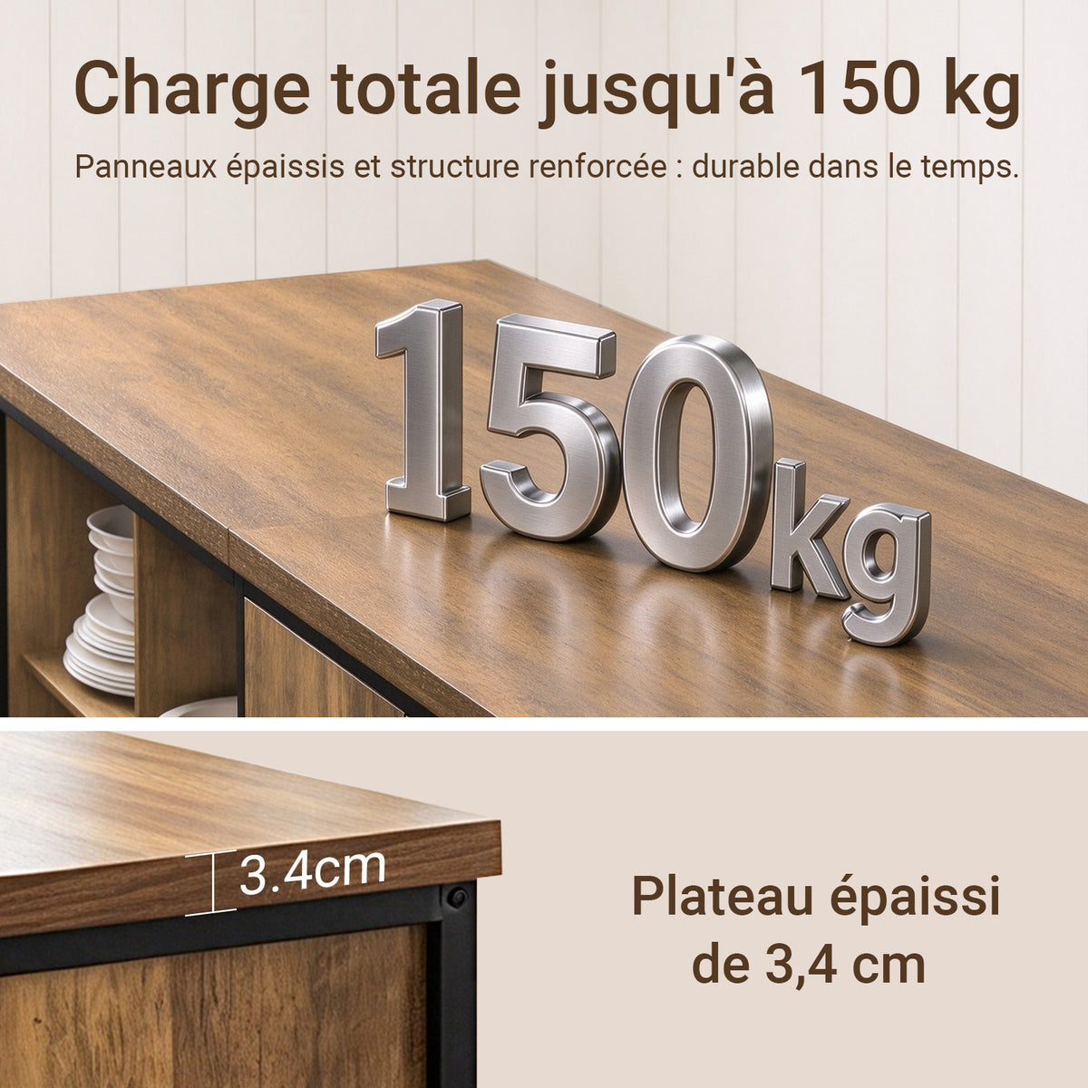 SoBuy KNL01-F Insulă Centrală de Bucătărie Industrială 170 cm – Blat XXL, Bufet Bar Vintage