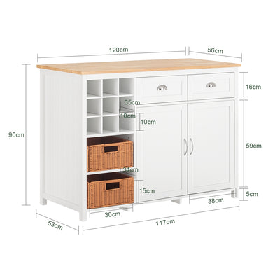 SoBuy KNL05-W Insulă Bucătărie 120cm – Raft 9 Sticle, 2 Coșuri Rattan, Blat Lemn Hevea, 2 Sertare – Alb