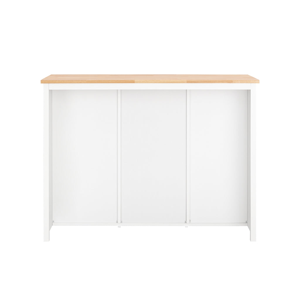 SoBuy KNL05-W Insulă Bucătărie 120cm – Raft 9 Sticle, 2 Coșuri Rattan, Blat Lemn Hevea, 2 Sertare – Alb