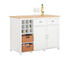 SoBuy KNL05-W Insulă Bucătărie 120cm – Raft 9 Sticle, 2 Coșuri Rattan, Blat Lemn Hevea, 2 Sertare – Alb