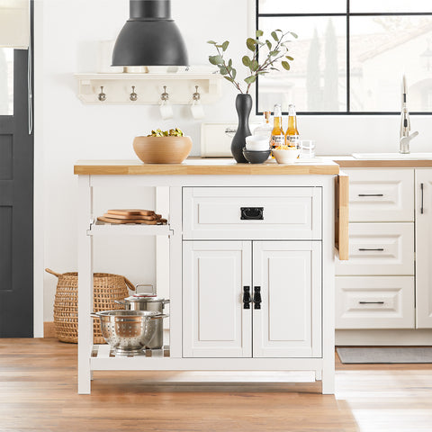 SoBuy Bucătărie bucătărie bucătărie cu 2 uși și 1 sertar credință bufet alb și cărucior de bucătărie natural 144.5x60x94.8cm KNL06-Cross