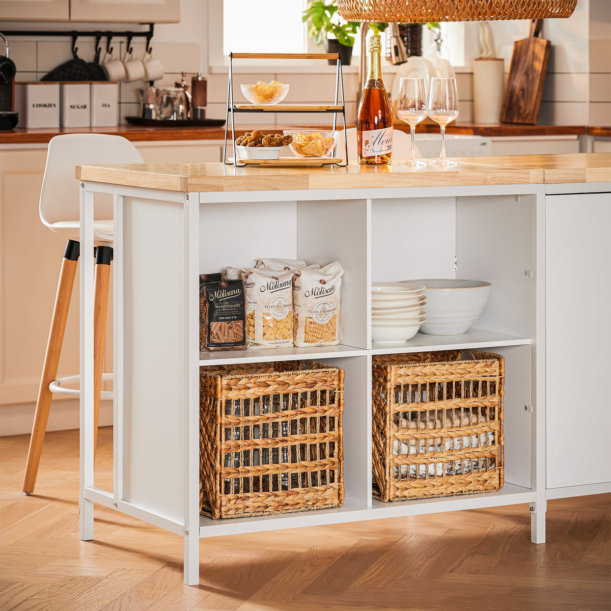 SoBuy KNL09-WN Dulap tip insulă centrală de bucătărie 3-în-1, bufet pentru sufragerie cu 4 compartimente deschise și dulap, mobilă de bucătărie 170x60x89 cm Alb