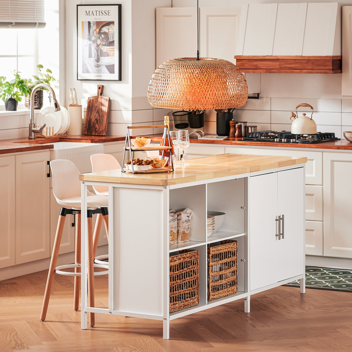 SoBuy KNL09-WN Dulap tip insulă centrală de bucătărie 3-în-1, bufet pentru sufragerie cu 4 compartimente deschise și dulap, mobilă de bucătărie 170x60x89 cm Alb