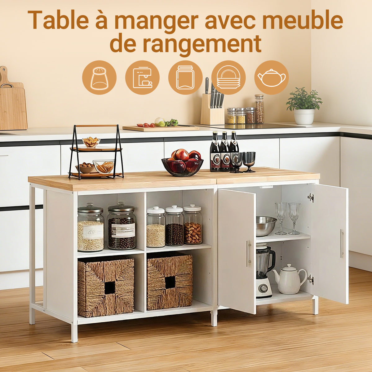 SoBuy KNL09-WN Dulap tip insulă centrală de bucătărie 3-în-1, bufet pentru sufragerie cu 4 compartimente deschise și dulap, mobilă de bucătărie 170x60x89 cm Alb
