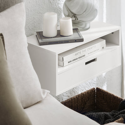 SoBuy NKD03-W Table de Chevet Murale, Table de Nuit Flottante avec Tiroir et Plateau, Étagère Murale pour Chambre à Coucher, L 45 x P 25 x H 22 cm, Blanc