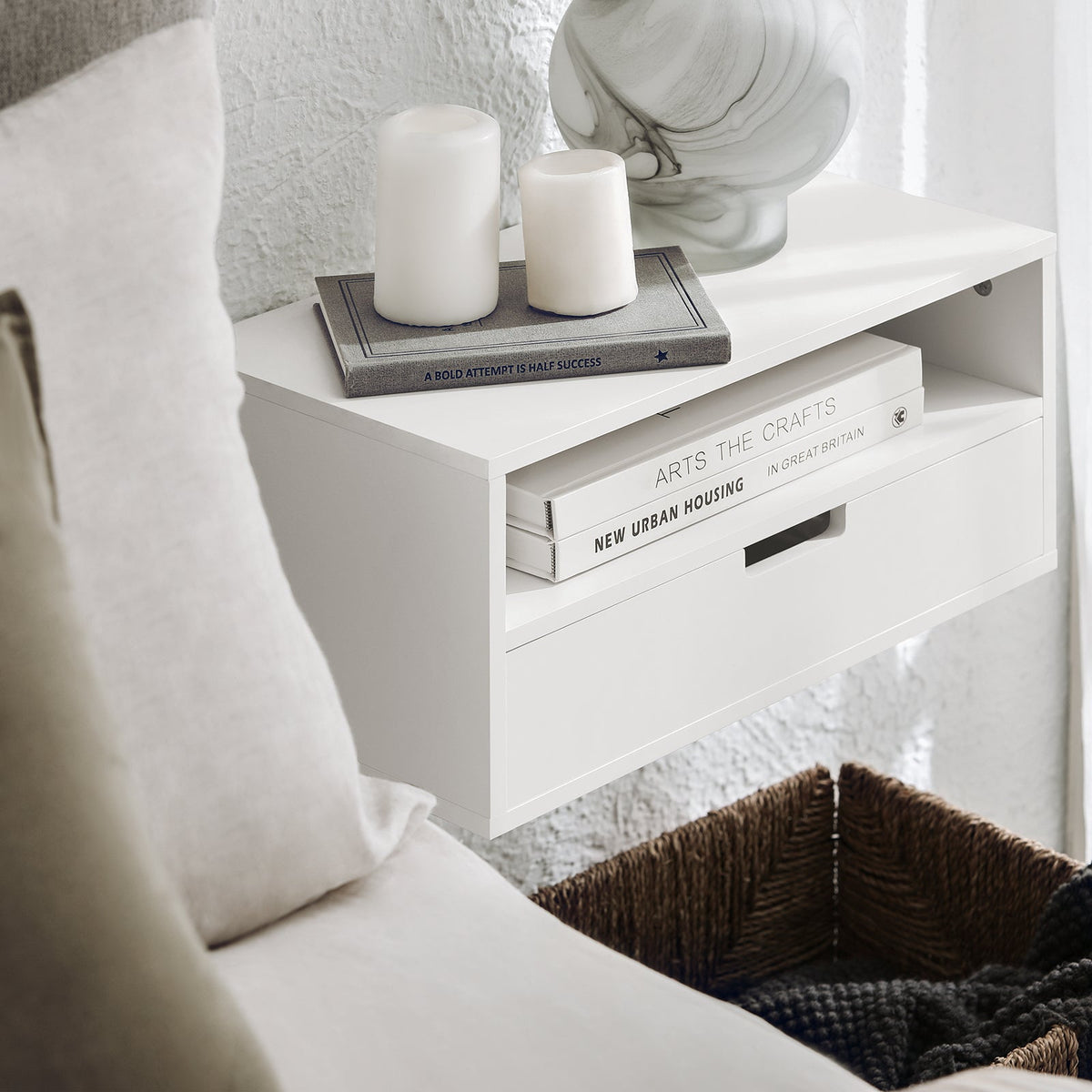 SoBuy NKD03-Wx2 Table de Chevet Murale, Table de Nuit Flottante avec Tiroir et Plateau, Étagère Murale pour Chambre à Coucher, L 45 x P 25 x H 22 cm, Blanc