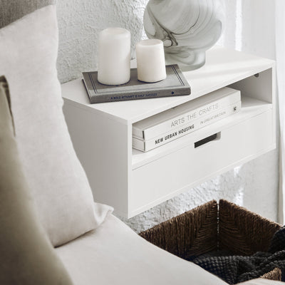 SoBuy NKD03-Wx2 Table de Chevet Murale, Table de Nuit Flottante avec Tiroir et Plateau, Étagère Murale pour Chambre à Coucher, L 45 x P 25 x H 22 cm, Blanc