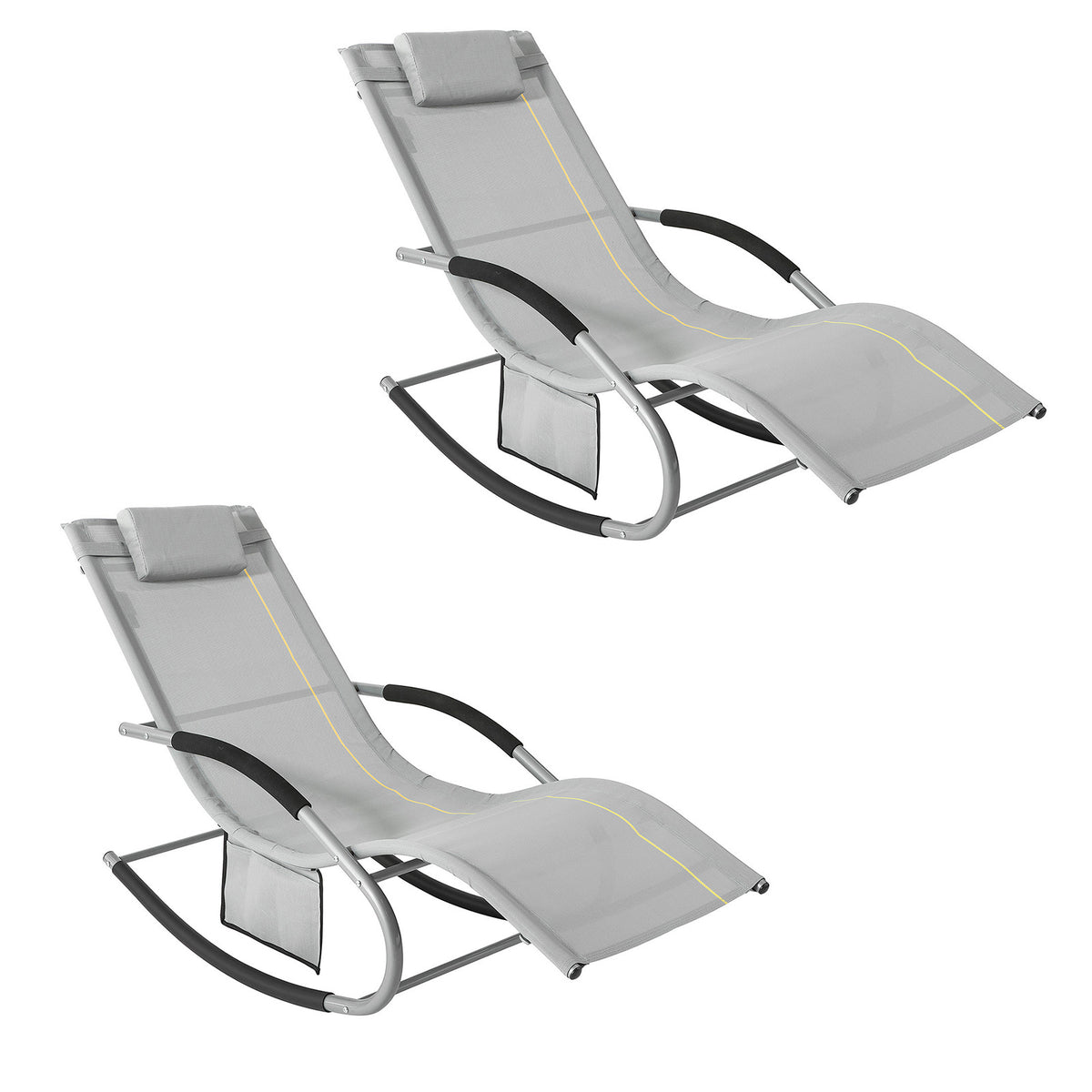 SoBuy OGS28-HGx2 Lot de 2 Chaises Longues à Bascule – Appui-Tête Réglable, Pochette Latérale, Textilène, Charge 150 kg, Gris