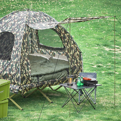 SoBuy OGS61-L-TN Cort Supraelevat, Pat de Camping Pliabil 3 în 1 cu Acoperiș Anti-UV + Saltea Gonflabilă Integrată + Geantă de Transport, 2 Persoane