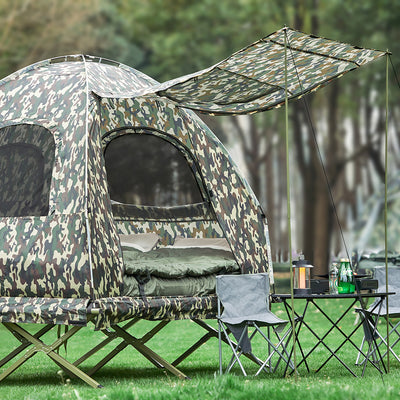 SoBuy OGS61-L-TN Cort Supraelevat, Pat de Camping Pliabil 3 în 1 cu Acoperiș Anti-UV + Saltea Gonflabilă Integrată + Geantă de Transport, 2 Persoane