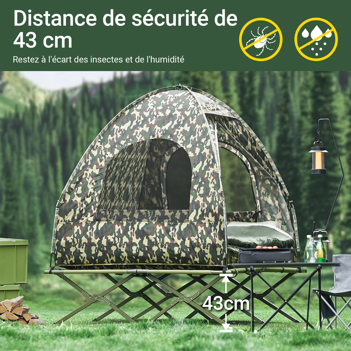 SoBuy OGS32-L-TN Tente de Camping Surélevée 4 en 1 pour 2 Personnes, avec Lit, Toit, Sac de Couchage et Matelas, Pliable, Design Fonctionnel – L325×P145×H188 cm