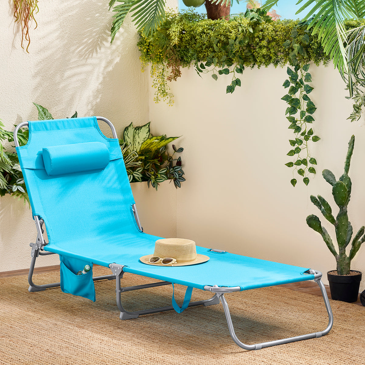 SoBuy OGS35-Bx2 Lot de 2 Transats de Jardin Pliable avec Oreiller et Poche Latérale, Chaise Longue Relax, Design Fonctionnel – L155×P56×H81 cm, Bleu Ciel
