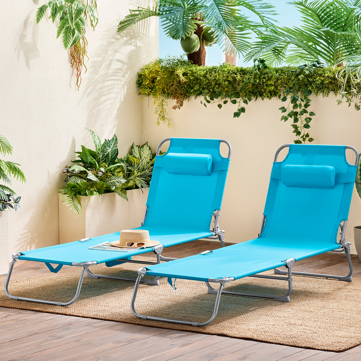 SoBuy OGS35-Bx2 Set de 2 Șezlonguri de Grădină Pliabile de Exterior, cu Pernă, Șezlong Relaxant cu Buzunar Lateral, Mobilier de Grădină pentru Terasă, Plajă, Piscină, Negru, 155x56x81 cm