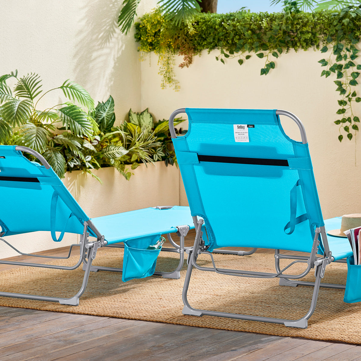 SoBuy OGS35-Bx2 Lot de 2 Transats de Jardin Pliable avec Oreiller et Poche Latérale, Chaise Longue Relax, Design Fonctionnel – L155×P56×H81 cm, Bleu Ciel