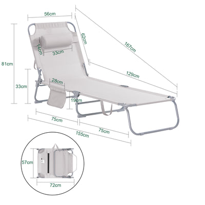 SoBuy OGS35-MI Șezlong de grădină pliabil pentru exterior, cu pernă, șezlong relaxant cu buzunar lateral, mobilier de grădină confortabil pentru terasă, plajă, piscină, bej 155x56x81cm