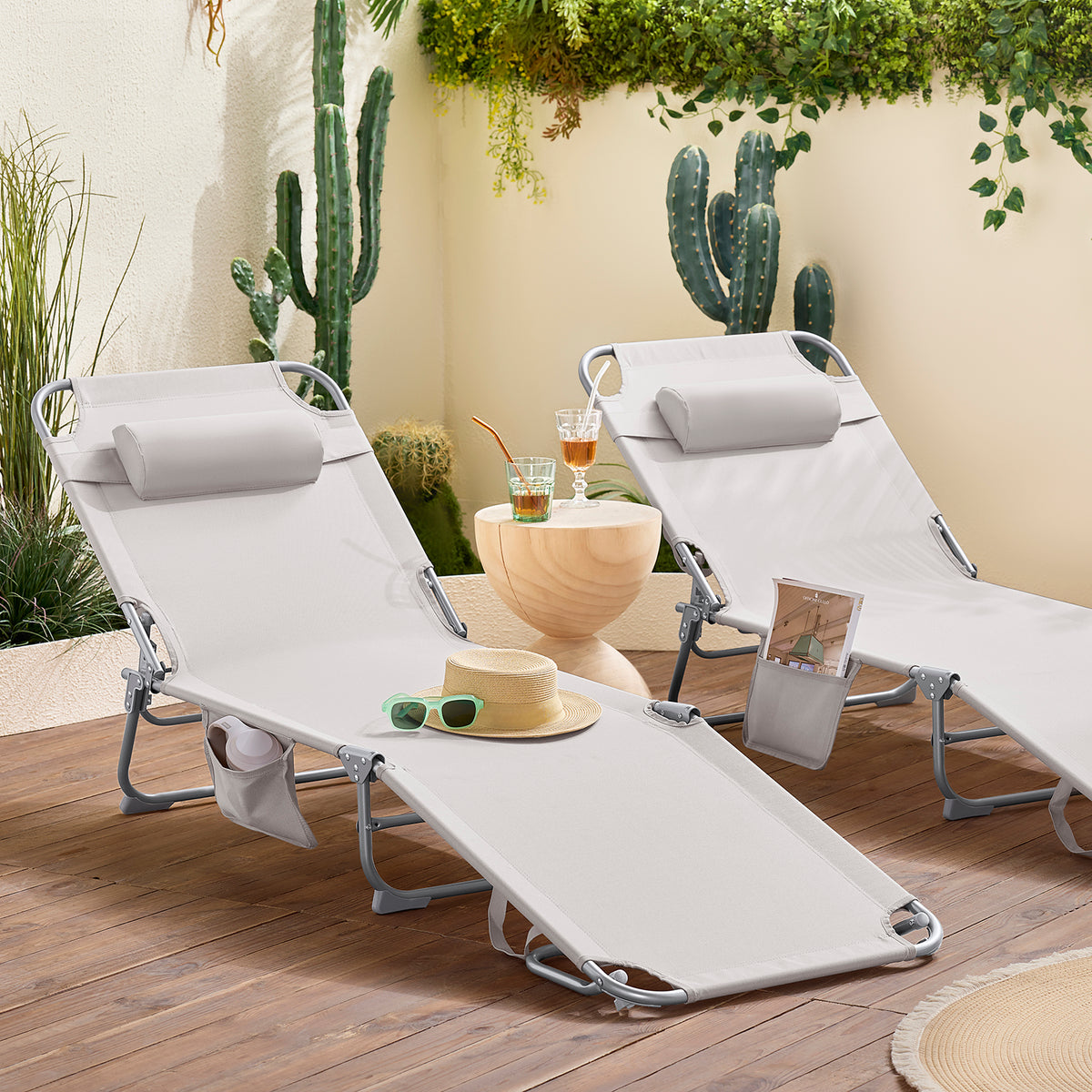 SoBuy OGS35-MI Șezlong de grădină pliabil pentru exterior, cu pernă, șezlong relaxant cu buzunar lateral, mobilier de grădină confortabil pentru terasă, plajă, piscină, bej 155x56x81cm