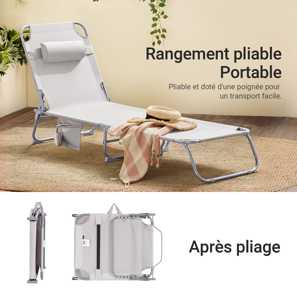 SoBuy OGS35-MI Șezlong de grădină pliabil pentru exterior, cu pernă, șezlong relaxant cu buzunar lateral, mobilier de grădină confortabil pentru terasă, plajă, piscină, bej 155x56x81cm