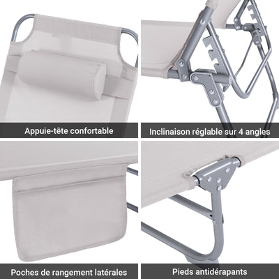 SoBuy OGS35-MI Șezlong de grădină pliabil pentru exterior, cu pernă, șezlong relaxant cu buzunar lateral, mobilier de grădină confortabil pentru terasă, plajă, piscină, bej 155x56x81cm