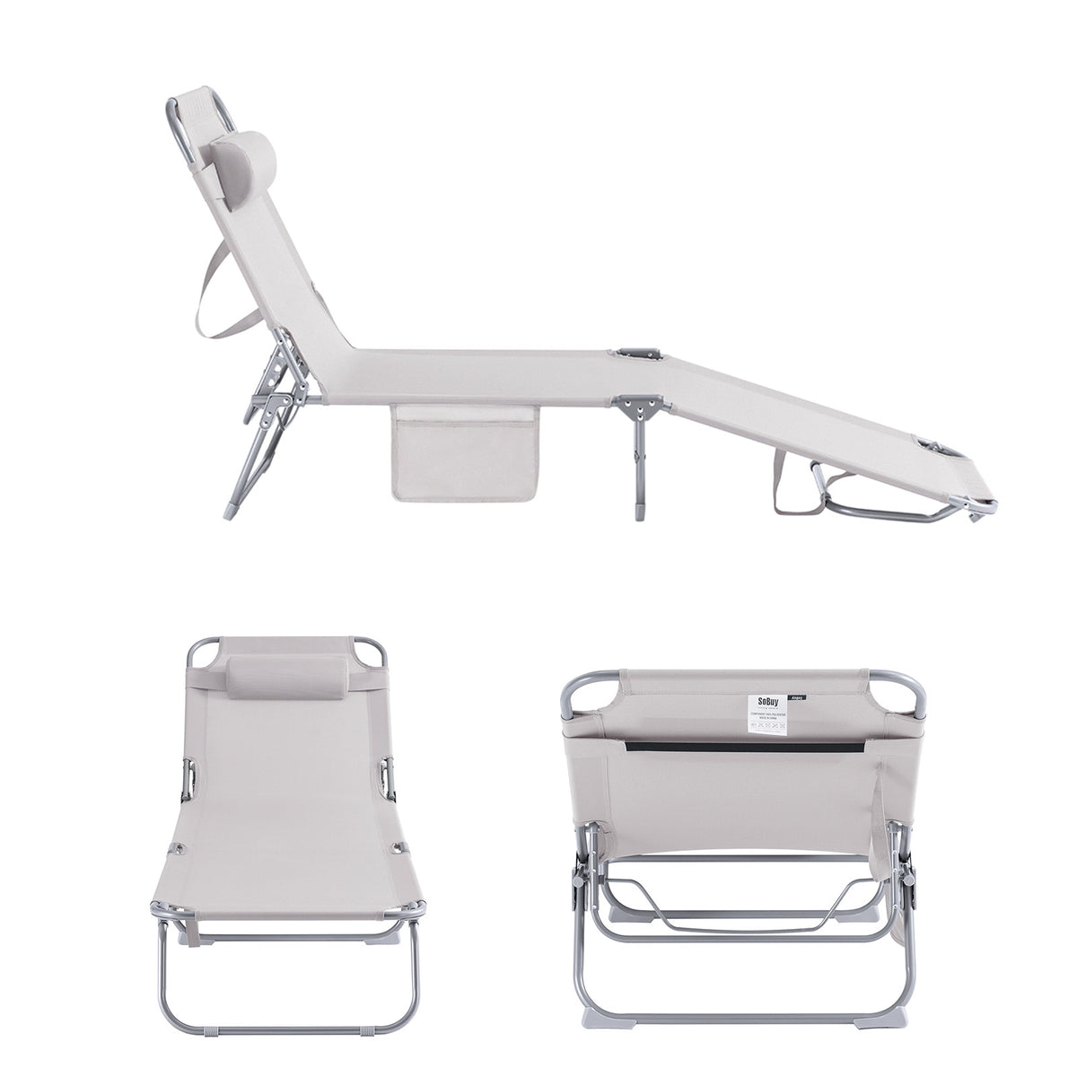 SoBuy OGS35-MI Șezlong de grădină pliabil pentru exterior, cu pernă, șezlong relaxant cu buzunar lateral, mobilier de grădină confortabil pentru terasă, plajă, piscină, bej 155x56x81cm