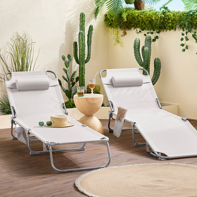 SoBuy OGS35-MIx2 Set de 2 Șezlonguri de Grădină Pliabile, cu Pernă, Șezlong Relaxant cu Buzunar Lateral, Mobilier de Grădină pentru Terasă, Plajă, Piscină, Bej 155x56x81 cm