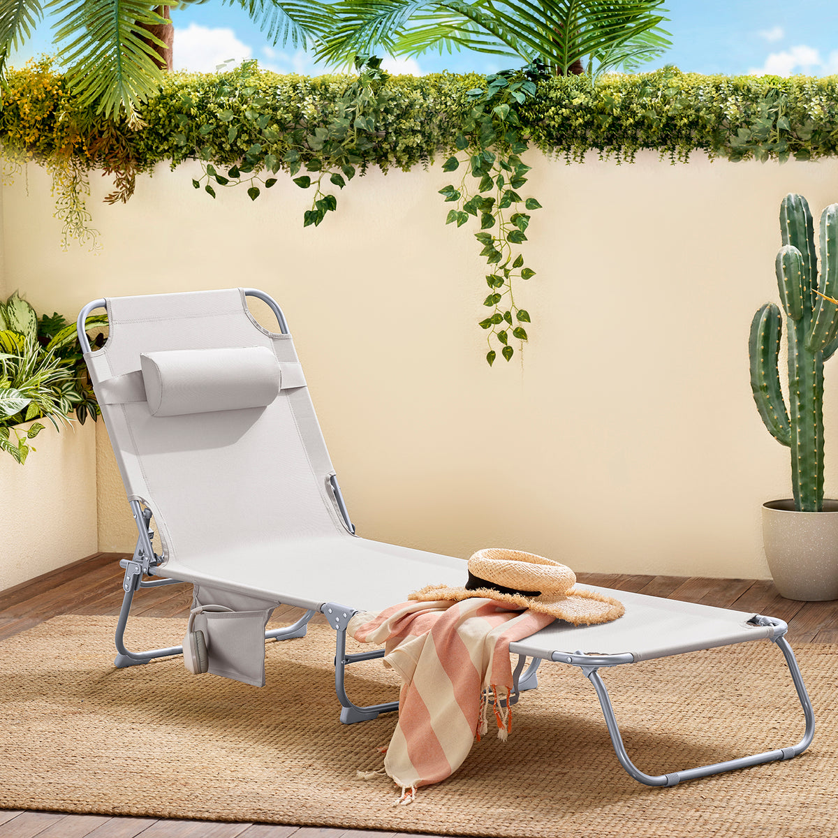 SoBuy OGS35-MIx2 Set de 2 Șezlonguri de Grădină Pliabile, cu Pernă, Șezlong Relaxant cu Buzunar Lateral, Mobilier de Grădină pentru Terasă, Plajă, Piscină, Bej 155x56x81 cm