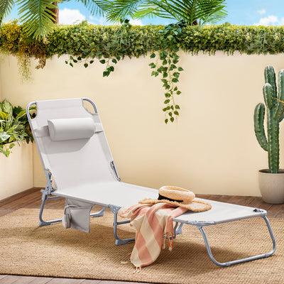 SoBuy OGS35-MIx2 Set de 2 Șezlonguri de Grădină Pliabile, cu Pernă, Șezlong Relaxant cu Buzunar Lateral, Mobilier de Grădină pentru Terasă, Plajă, Piscină, Bej 155x56x81 cm