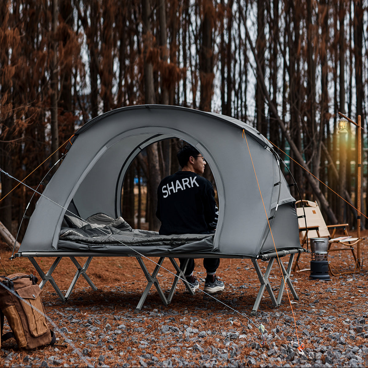 SoBuy OGS60-L-HG Pat Pliabil de Camping din Aluminiu Ușor, 3 în 1 cu Acoperiș Anti-UV + Saltea Gonflabilă Integrată + Geantă de Transport, 2 Persoane