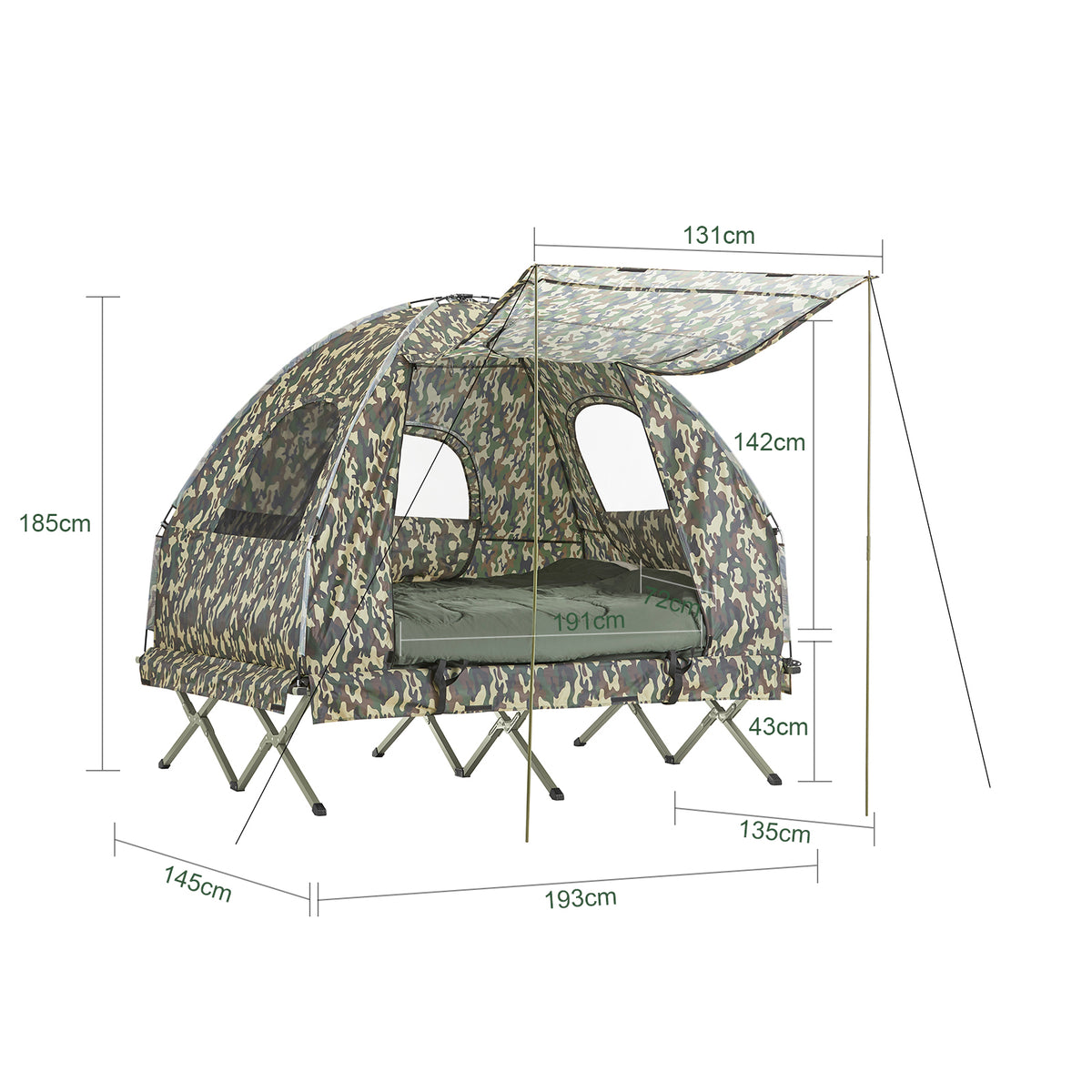 SoBuy OGS61-L-TN Cort Supraelevat, Pat de Camping Pliabil 3 în 1 cu Acoperiș Anti-UV + Saltea Gonflabilă Integrată + Geantă de Transport, 2 Persoane