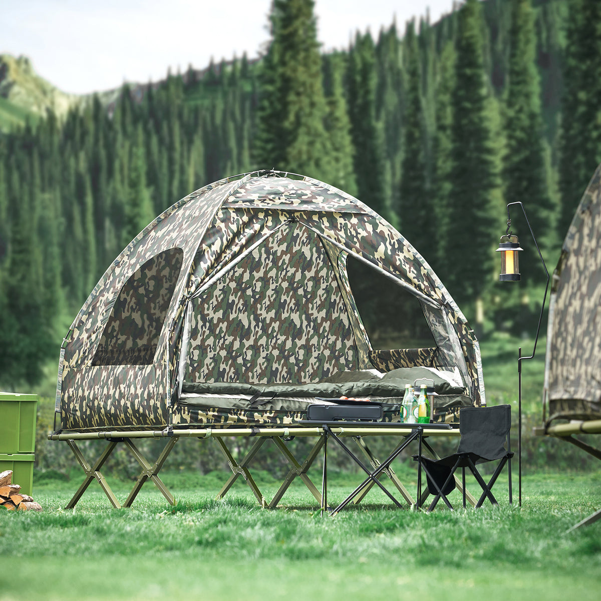 SoBuy OGS32-L-TN Tente de Camping Surélevée 4 en 1 pour 2 Personnes, avec Lit, Toit, Sac de Couchage et Matelas, Pliable, Design Fonctionnel – L325×P145×H188 cm