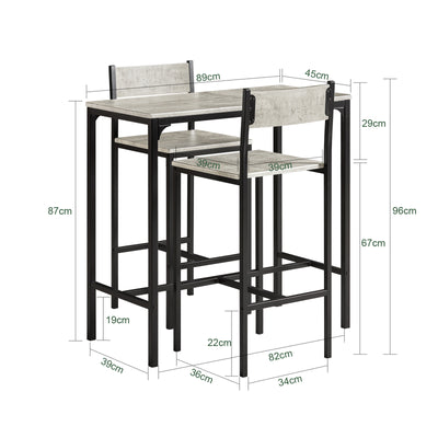 SoBuy OGT03-HG Set Masă Înaltă de Bucătărie 87 cm cu 2 Scaune de Bar – Mobilier Bar Compact Măsuță pentru Spații Mici, Balcon, Living sau Bucătărie – Stil Industrial Lemn și Metal