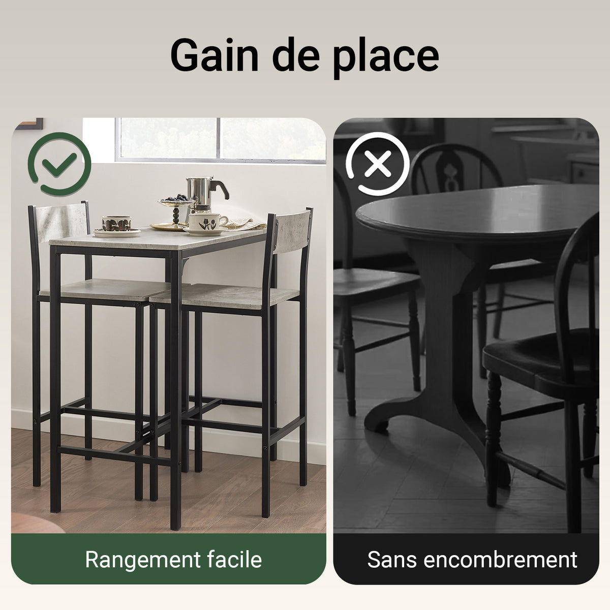 SoBuy OGT03-HG Set Masă Înaltă de Bucătărie 87 cm cu 2 Scaune de Bar – Mobilier Bar Compact Măsuță pentru Spații Mici, Balcon, Living sau Bucătărie – Stil Industrial Lemn și Metal