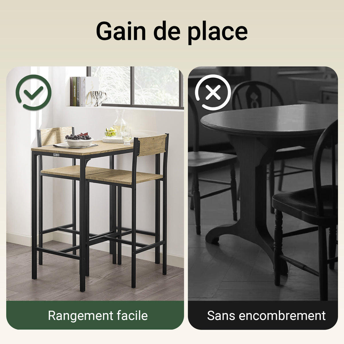 SoBuy OGT03-N Set Masă Înaltă de Bucătărie 87 cm cu 2 scaune de bar – Mobilier de Bar Compact Mese În Picioare pentru Spații Mici, Balcon, Living sau Bucătărie – Stil Industrial Lemn și Metal