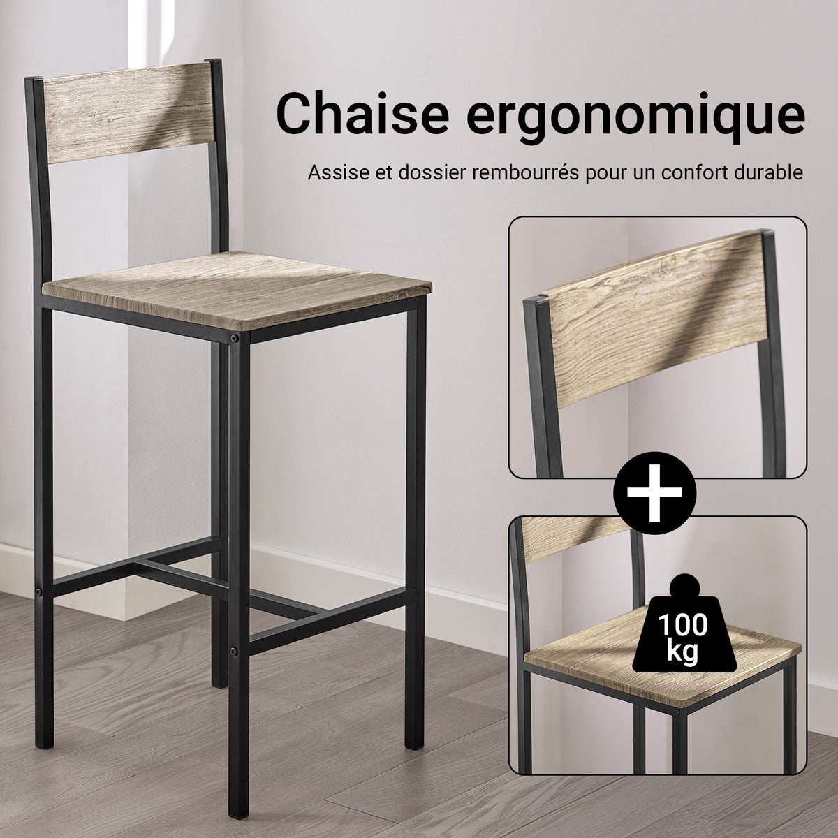 SoBuy OGT03-N Set Masă Înaltă de Bucătărie 87 cm cu 2 scaune de bar – Mobilier de Bar Compact Mese În Picioare pentru Spații Mici, Balcon, Living sau Bucătărie – Stil Industrial Lemn și Metal